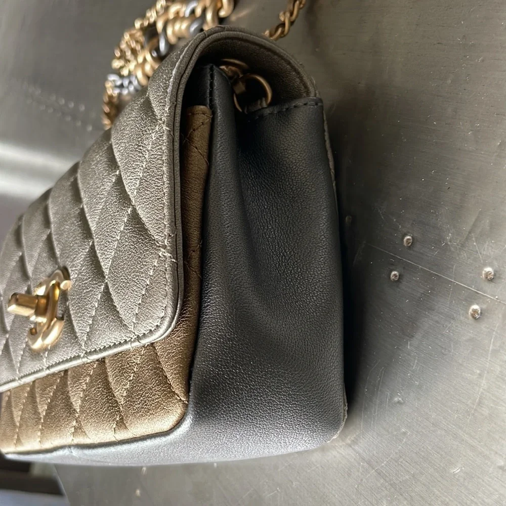 Chanel mini square quilted camellia two toned flap bag 17a bronze silver gold